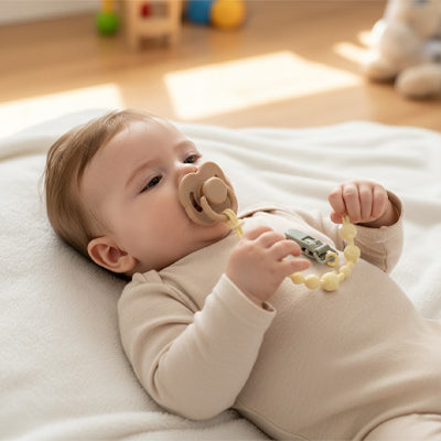 attache tetine en silicone apaisante bébé allongé