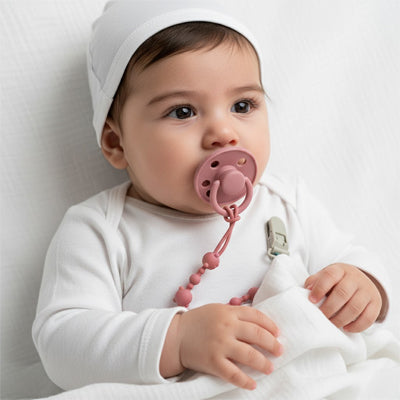 attache tetine en silicone apaisante bébé assis