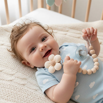 attache tetine jolie fleur enfant couché