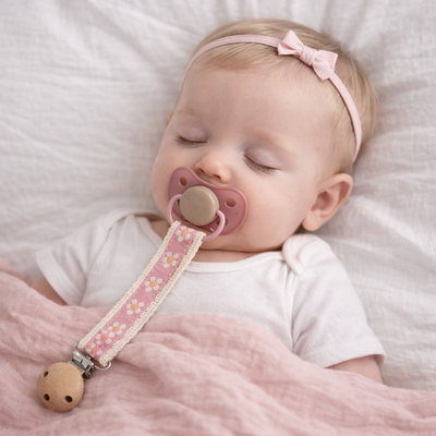 attache tetine pendentif rose bébé dort