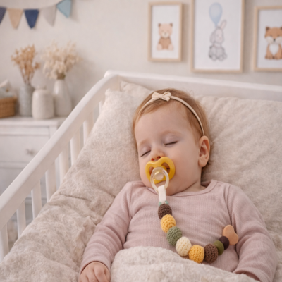 attache tétine perles jaune bébé dort