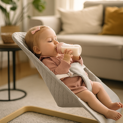 bebe confort transat gris bébé prend son lait au biberon
