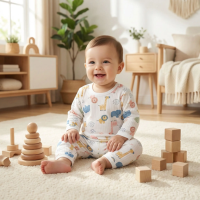 bebe pyjamas ensemble bebe assis souriant