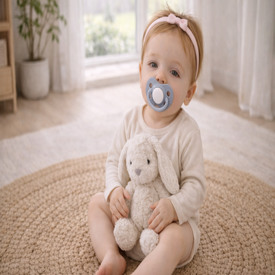 bebe sucette douce gris bébé assis