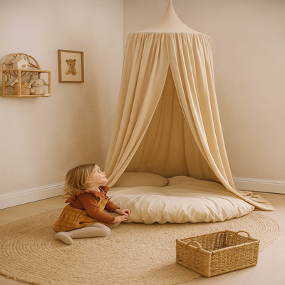 ciel de lit bebe kaki clair enfant assis