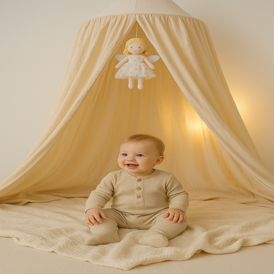 ciel de lit beige cocon paisible bébé assis avec sourire