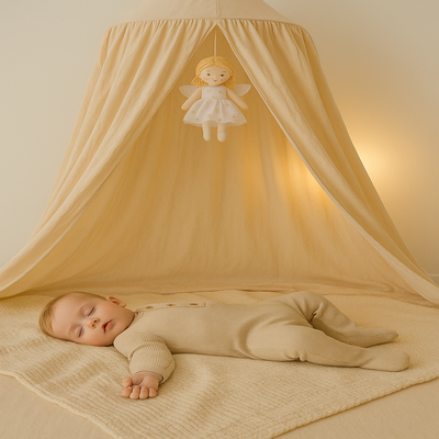 ciel de lit beige cocon paisible bébé couché confortablement