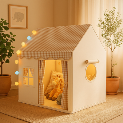 ciel de lit cabane refuge tendre kaki installé dans chambre de bébé