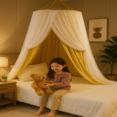 ciel de lit enfant blanc crème jaune doré enfant assis