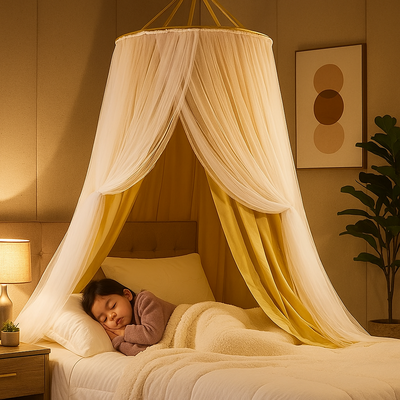 ciel de lit enfant blanc crème jaune doré enfant endormi