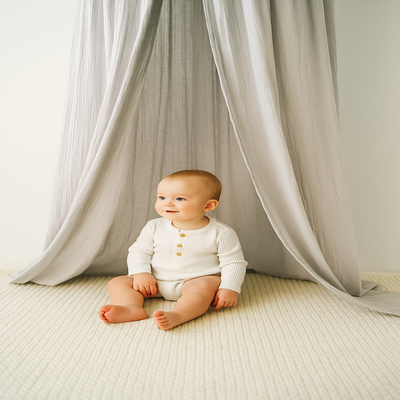 ciel de lit enfant protecteur gris bébé assis