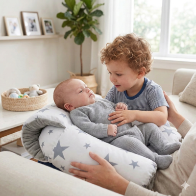 coussin d'allaitement léger enfant joue avec son frere
