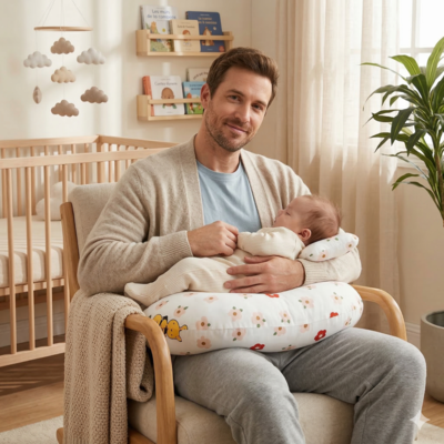 coussin d'allaitement moelleux papa berce enfant couché