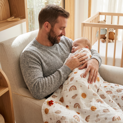 couverture bebe en mousseline enfant avec papa assis