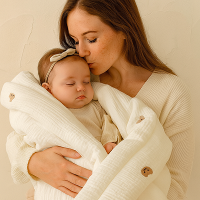 couverture bebe polaire ours hiver couvert a moitie bebe dans bras de maman