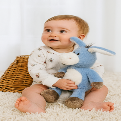 doudou bébé âne bleu avec bébé assis