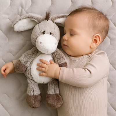 doudou bébé âne gris avec bébé endormi