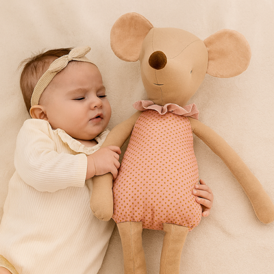 doudou bebe souris rose avec bébé endormi
