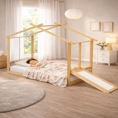 lit ras du sol avec toboggan enfant endormi