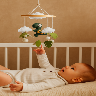 mobile bebe dinosaure vert foncé bébé couché