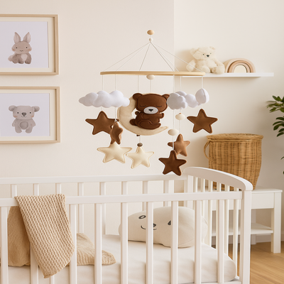 mobile bebe ourson brun installé sur berceau