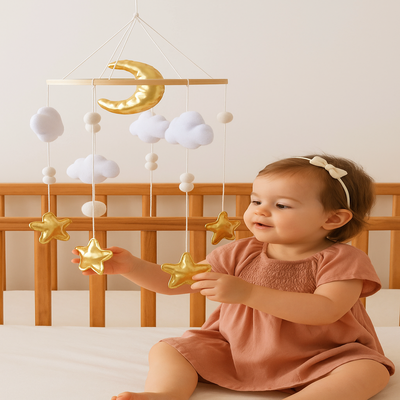 mobile lit bébé ludique lune noire bébé assis