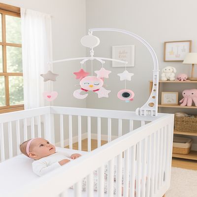 mobile musical bebe animaux hibou bébé allongé