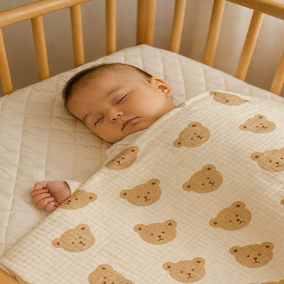 polaire couverture bebe enveloppante tête d'ours et ligne avec un bébé couché