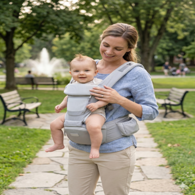 porte bebe ergonomique maman dans le jardin
