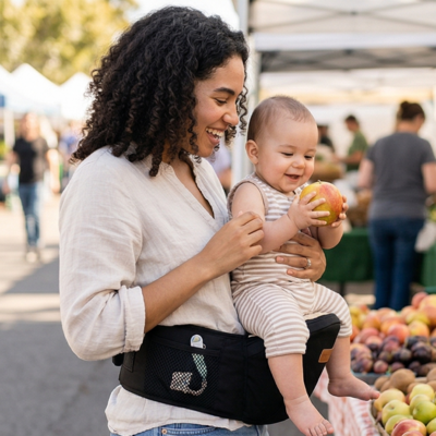 porte bébé tabouret noir enfant au marché avec maman