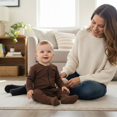 pyjama bebe barboteuse brun bébé assis