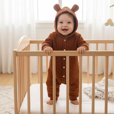 pyjama bébé fille à capuche brun enfant dans berceau
