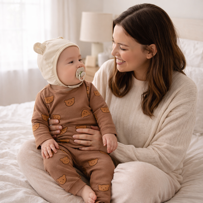 pyjama bebe velour astronomique brun enfant avec maman
