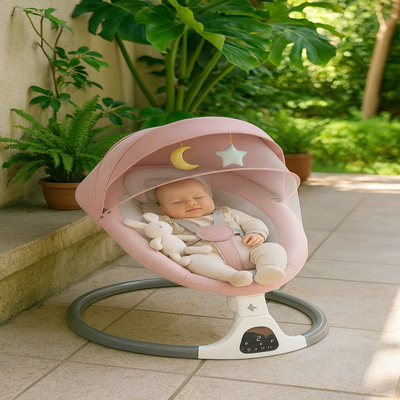 transat bebe bascule électrique enfant sur terrasse