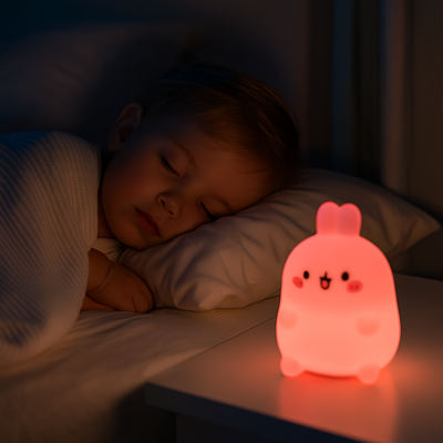 veilleuse lapin décorative rose enfant couché