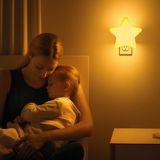 veilleuse sur prise led étoile jaune enfant dans les bras de maman